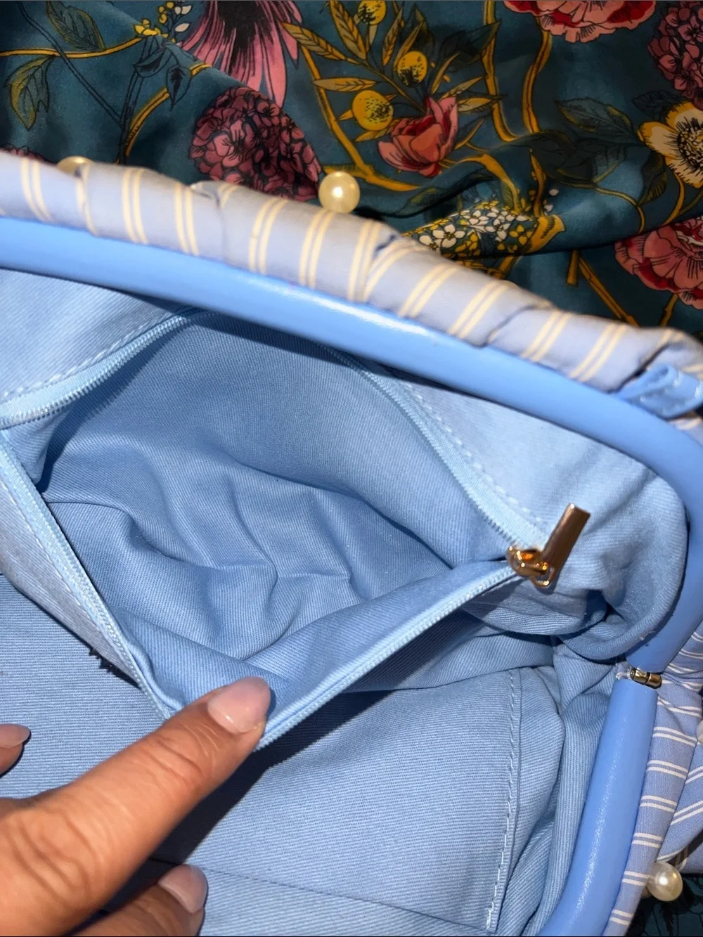 Maeve by Anthropologie Blue Pinstripe and Pearl Clutch